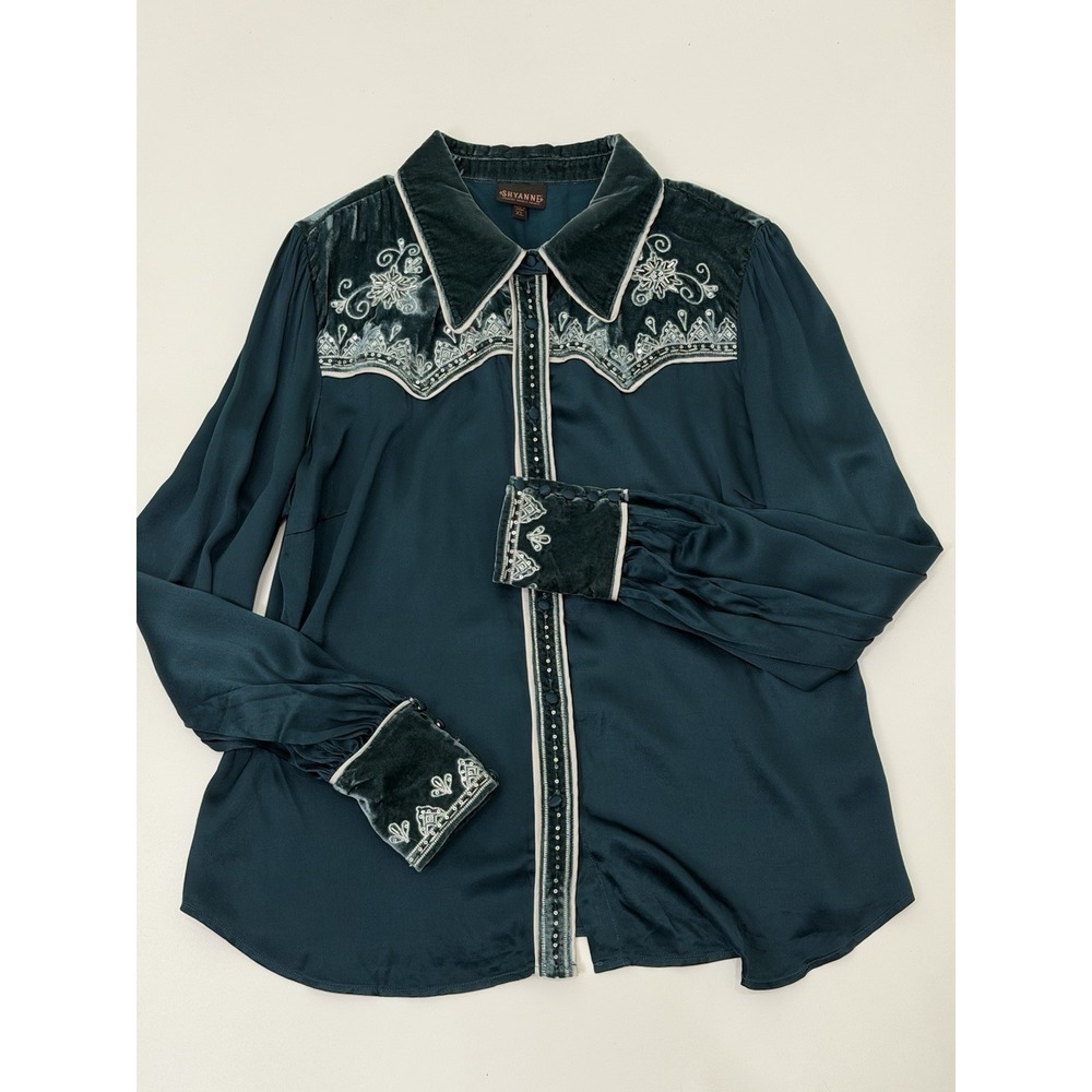 Vintage Shyanne Velvet Trim Embroidered Western Blouse XL Green Boho - Picture 6 of 9